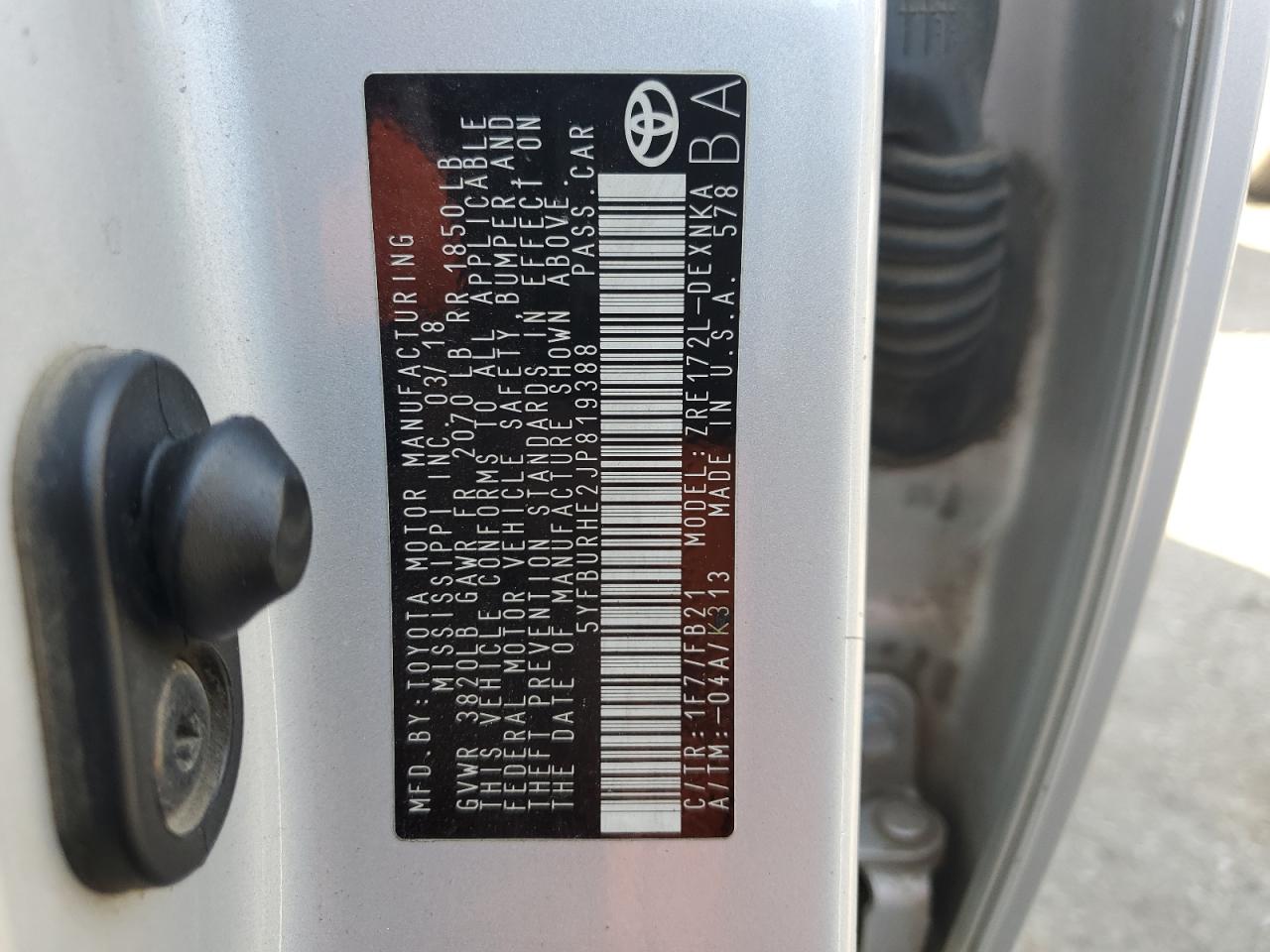 2018 Toyota Corolla VIN 5YFBURHE2JP819388 Copart auction photo, front end / rear end damage thumbnail 13