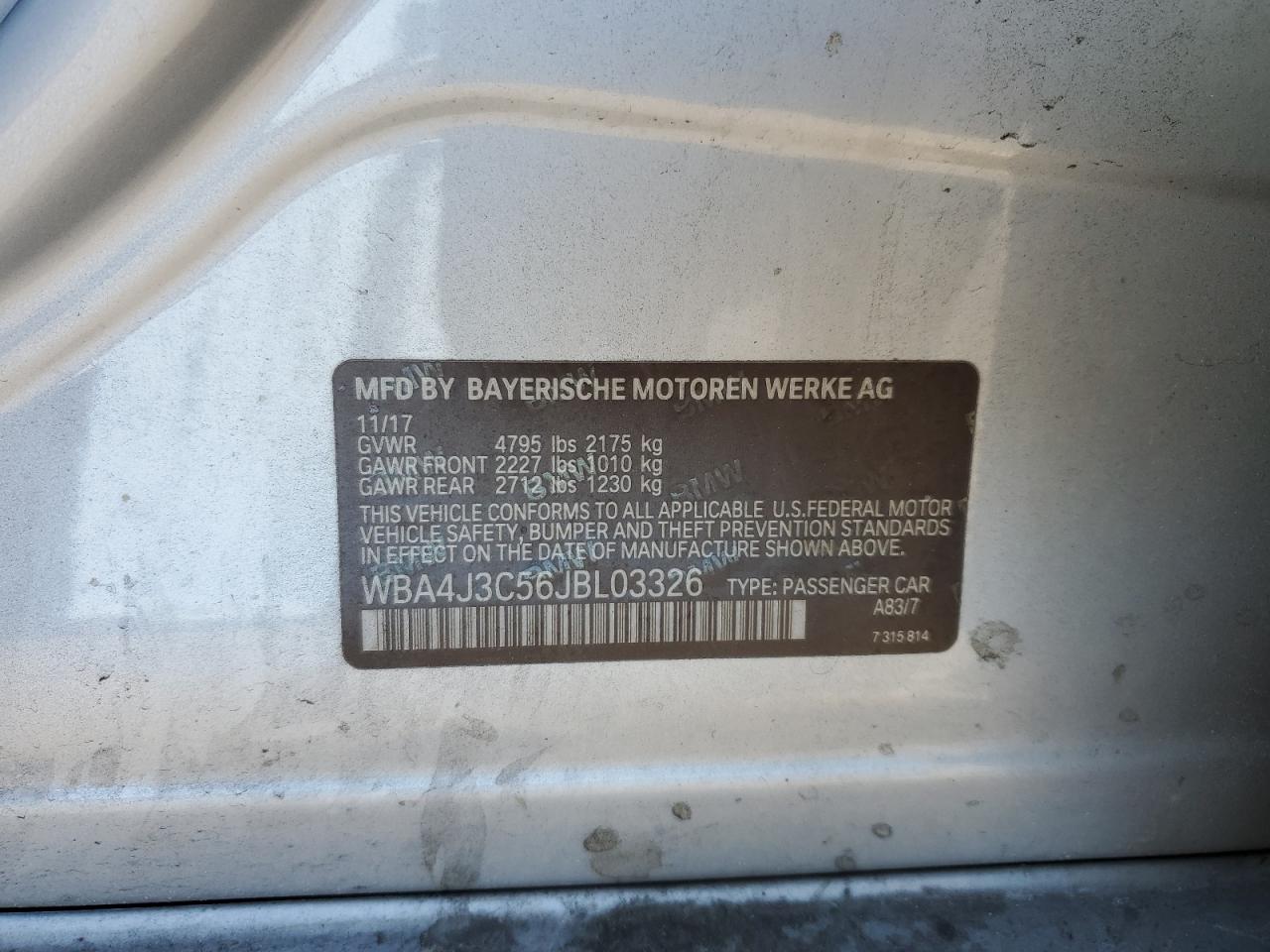 2018 BMW 4er VIN WBA4J3C56JBL03326 Copart auction photo, front end / minor dent/scratches damage thumbnail 12