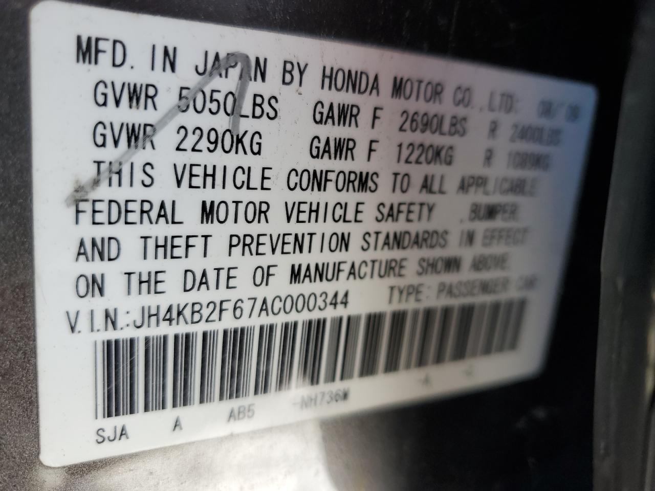2010 Acura RL VIN JH4KB2F67AC000344 Copart auction photo, mechanical / minor dent/scratches damage thumbnail 12