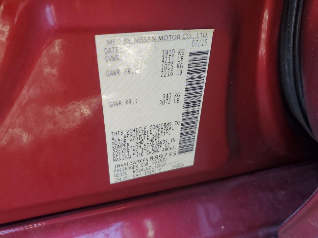 2015 Nissan Altima VIN 1N4AL3APXFN889755 Copart auction photo, rear end damage thumbnail 12