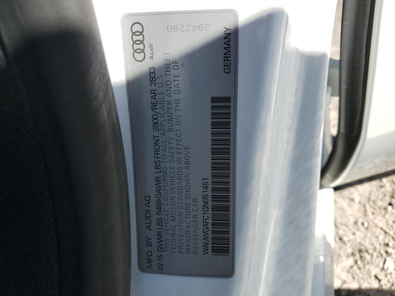 2016 Audi A7 VIN WAUWGAFC1GN051451 Copart auction photo, rear end / minor dent/scratches damage thumbnail 15