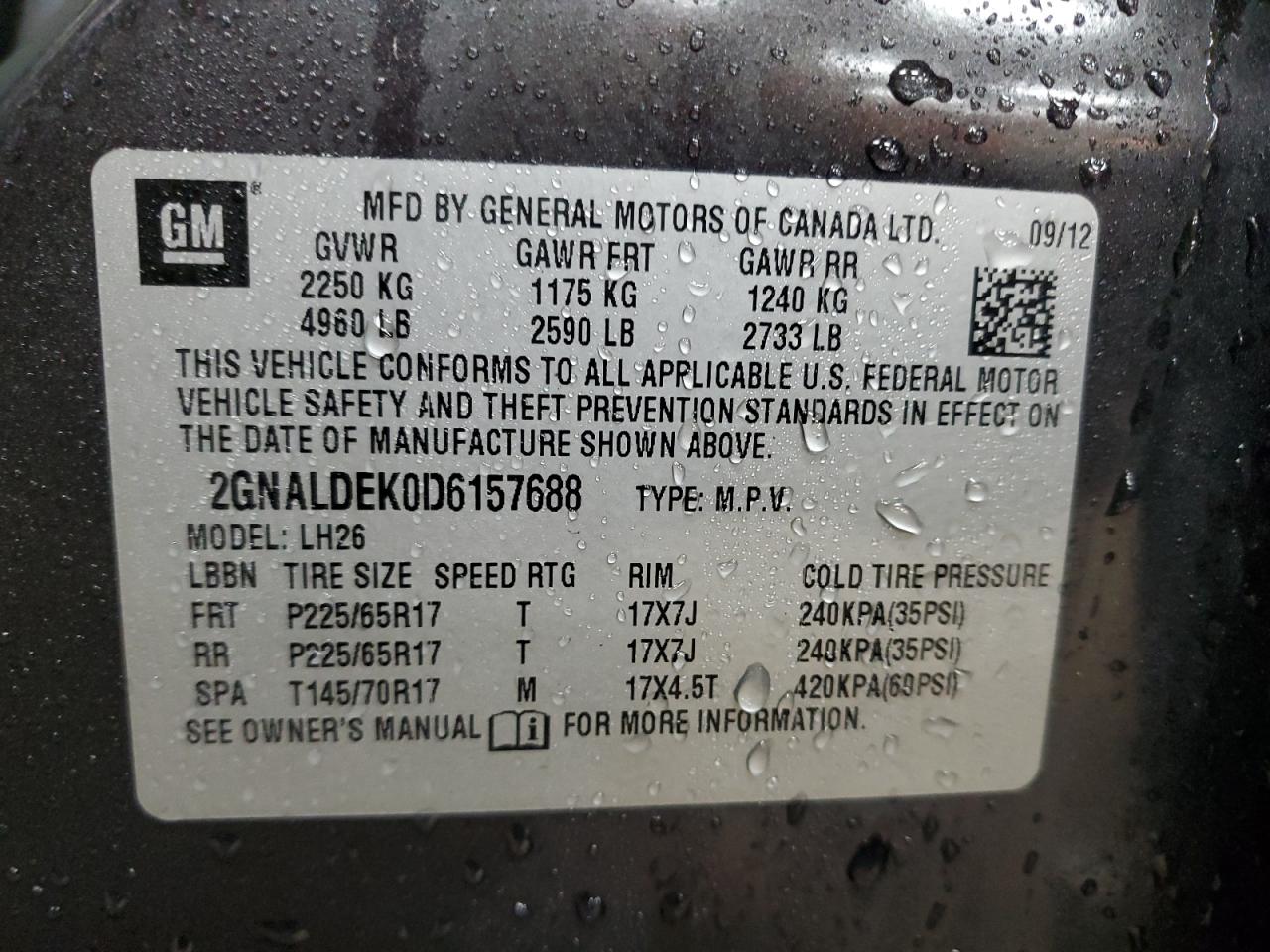 2013 Chevrolet Equinox VIN 2GNALDEK0D6157688 Copart auction photo, front end / rear end damage thumbnail 13