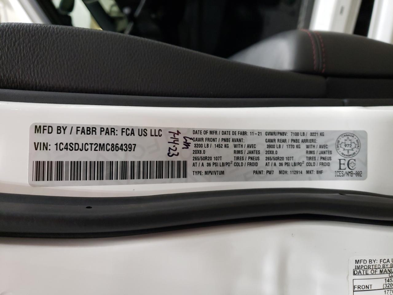 2021 Dodge Durango VIN 1C4SDJCT2MC864397 Copart auction photo, front end / side damage thumbnail 15