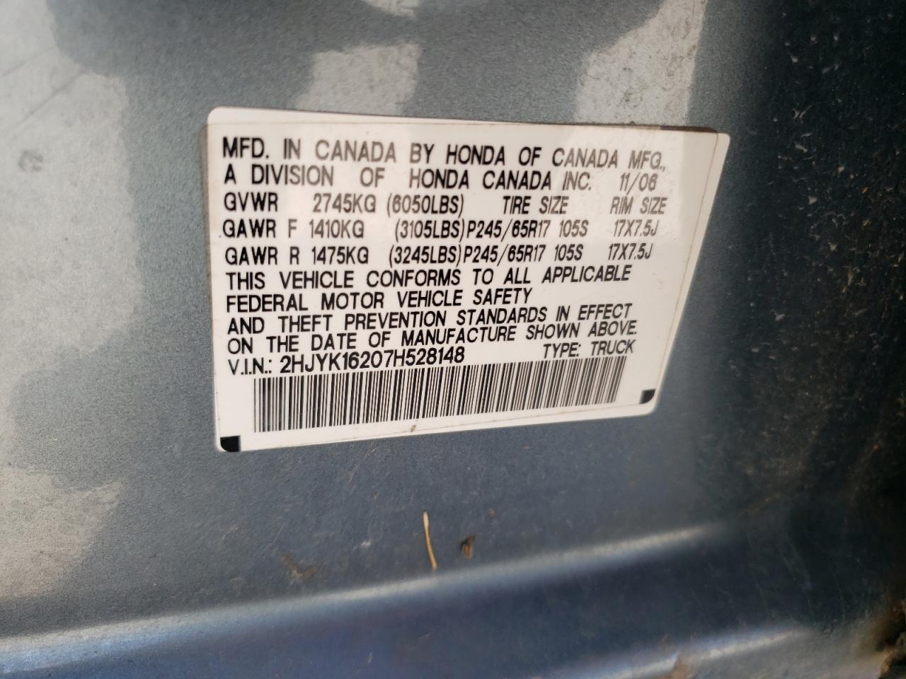 2007 Honda Ridgeline VIN 2HJYK16207H528148 Copart auction photo, hail damage thumbnail 12