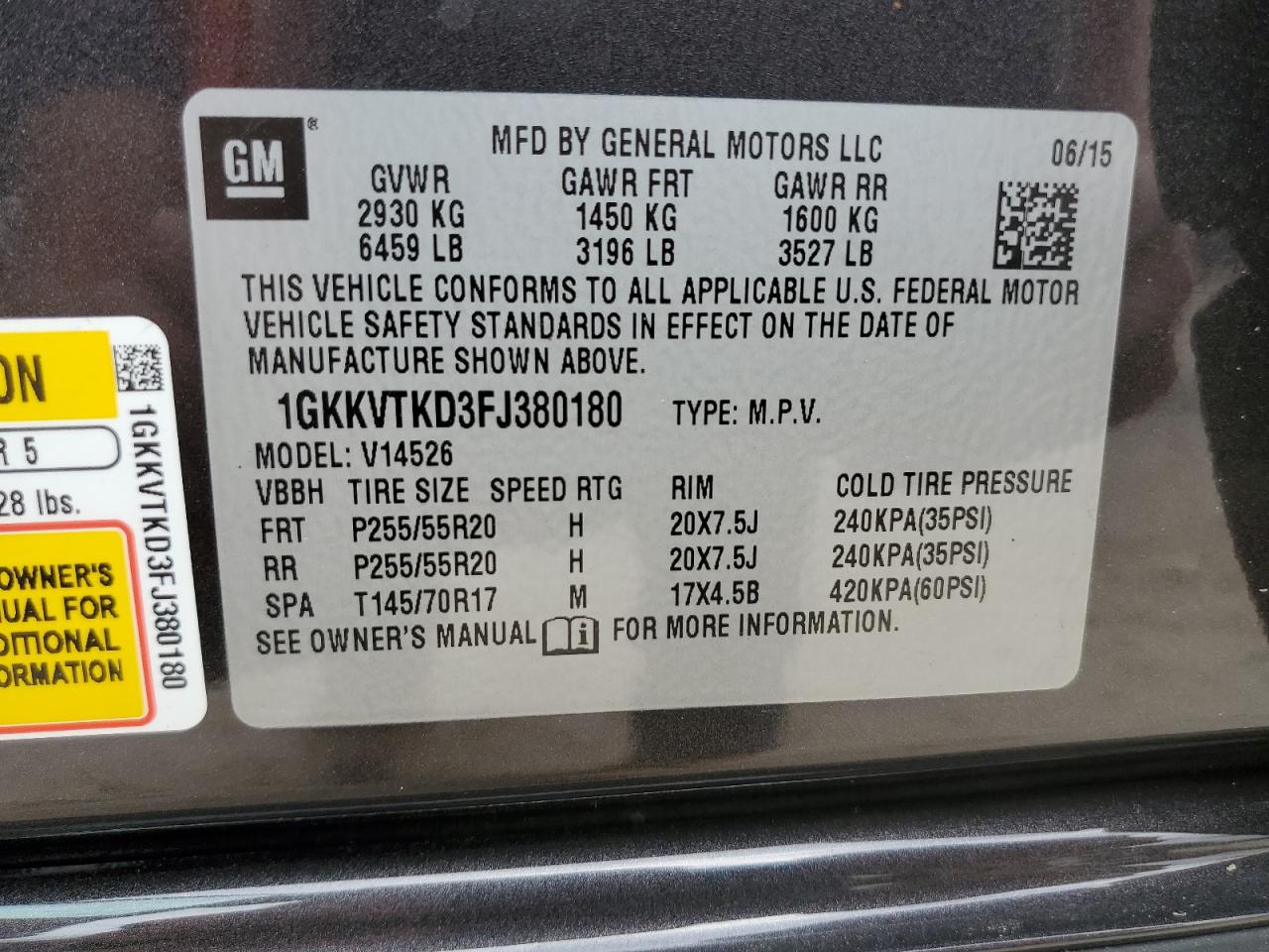 2015 GMC Acadia VIN 1GKKVTKD3FJ380180 Copart auction photo, water/flood / minor dent/scratches damage thumbnail 13