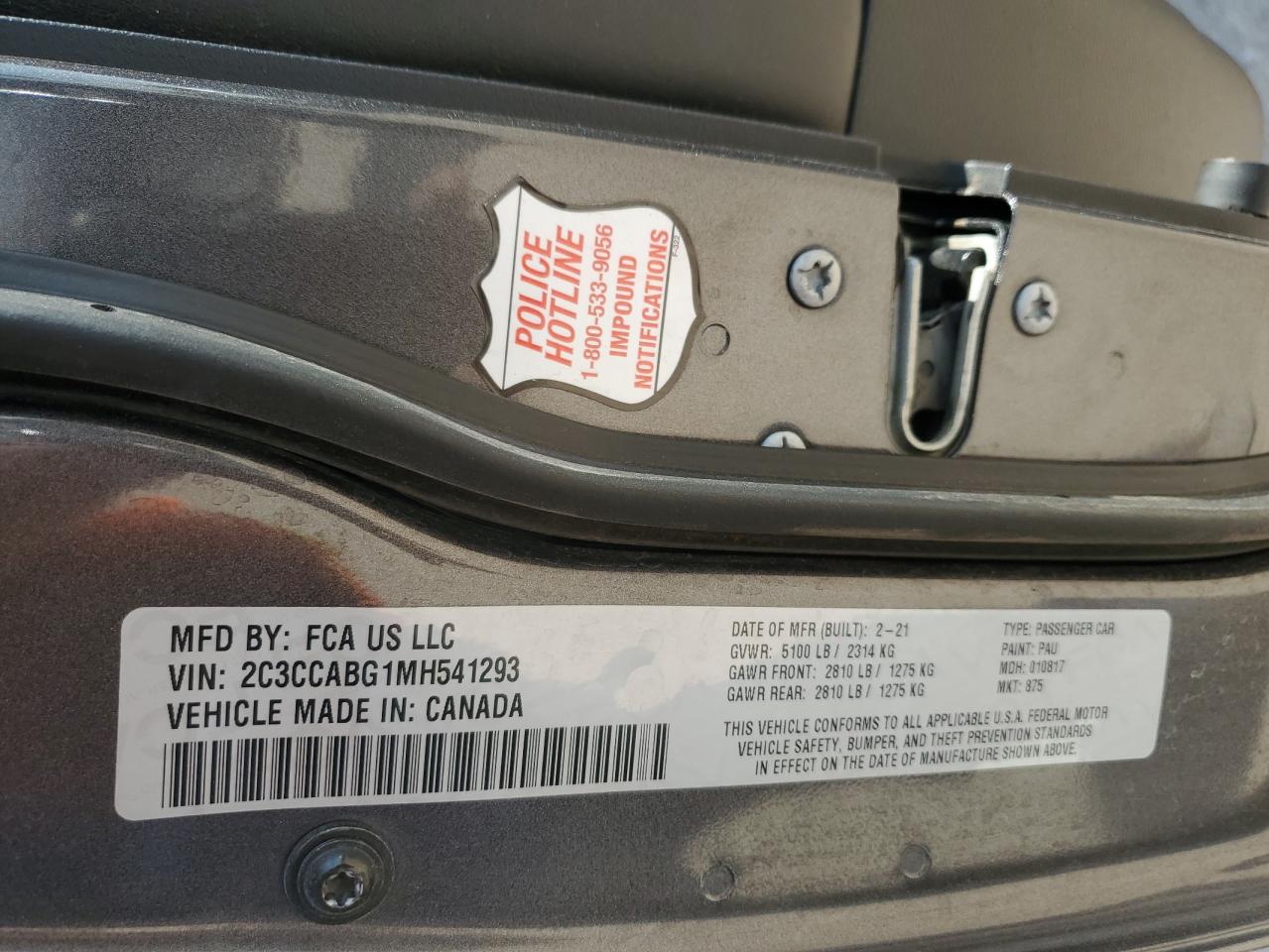 2021 Chrysler 300 VIN 2C3CCABG1MH541293 Copart auction photo, hail damage thumbnail 12