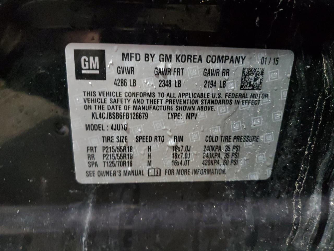 2015 Buick Encore VIN KL4CJBSB6FB126679 Copart auction photo, rear end / side damage thumbnail 14