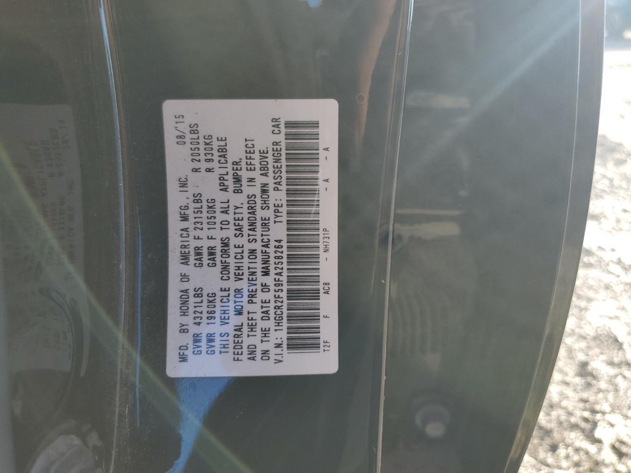 2015 Honda Accord VIN 1HGCR2F59FA258264 Copart auction photo, front end / side damage thumbnail 14