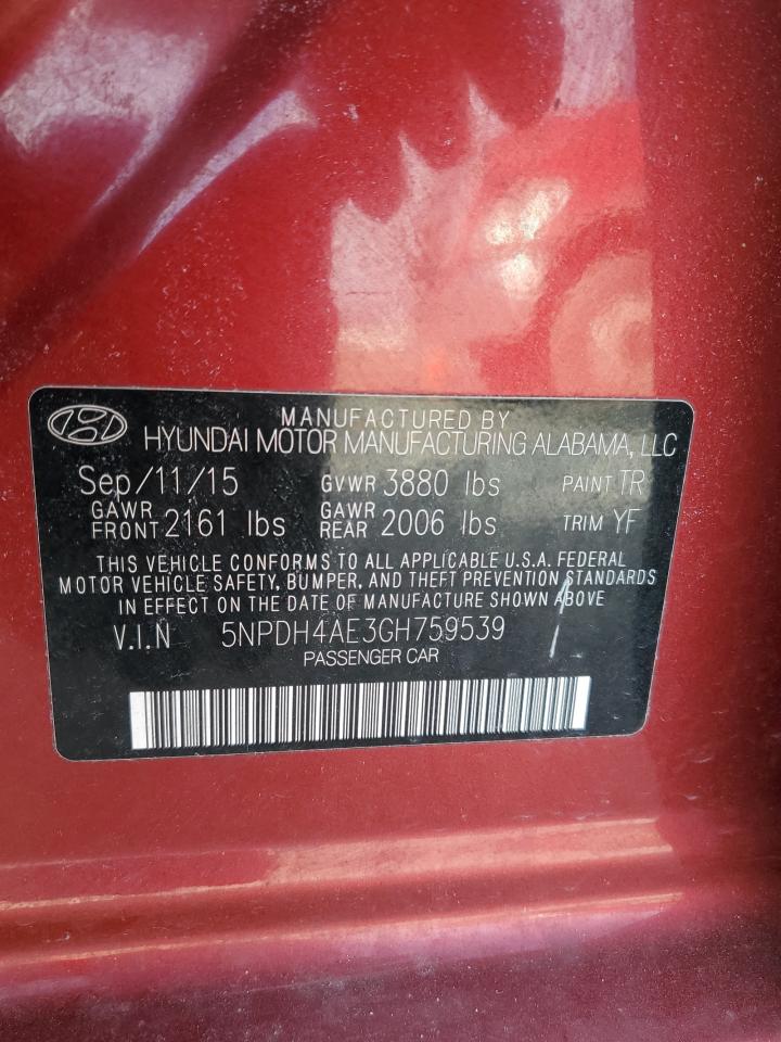 2016 Hyundai Elantra VIN 5NPDH4AE3GH759539 Copart auction photo, rear end damage thumbnail 13