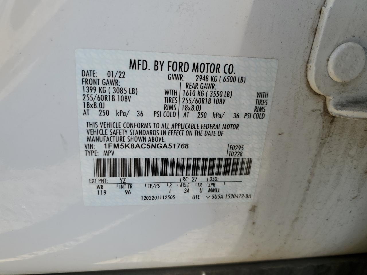 2022 Ford Explorer VIN 1FM5K8AC5NGA51768 Copart auction photo, front end damage thumbnail 14