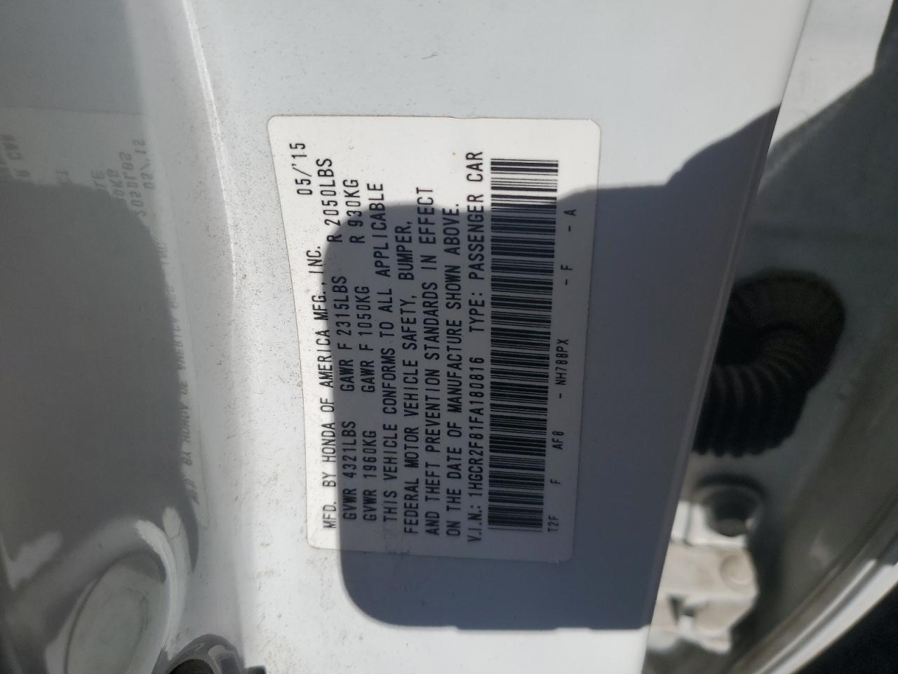 2015 Honda Accord VIN 1HGCR2F81FA180816 Copart auction photo, rear end damage thumbnail 15
