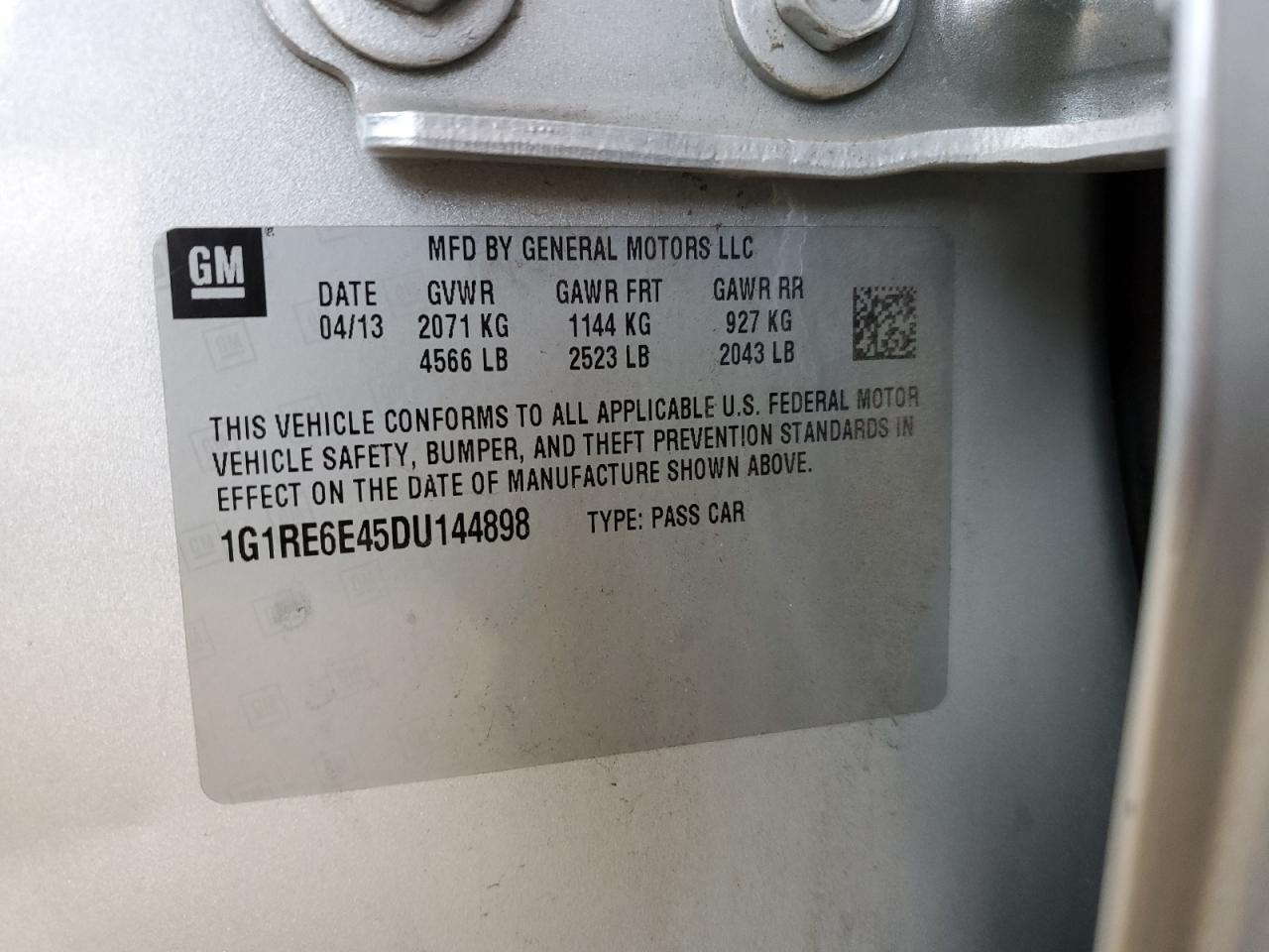 2013 Chevrolet Volt VIN 1G1RE6E45DU144898 Copart auction photo, front end / side damage thumbnail 12