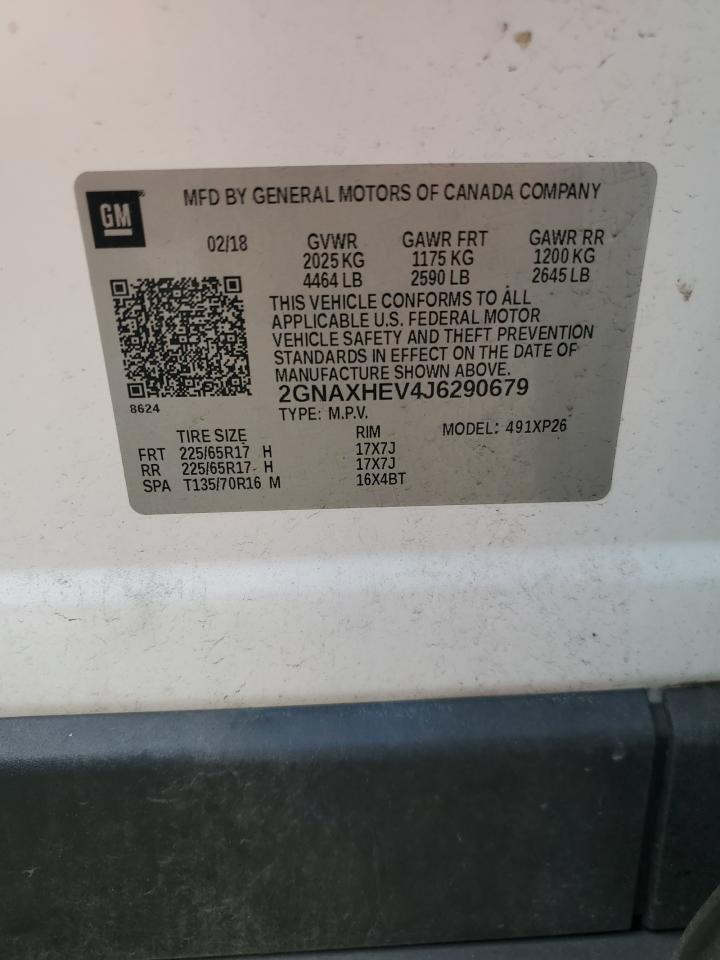2018 Chevrolet Equinox VIN 2GNAXHEV4J6290679 Copart auction photo, front end damage thumbnail 12