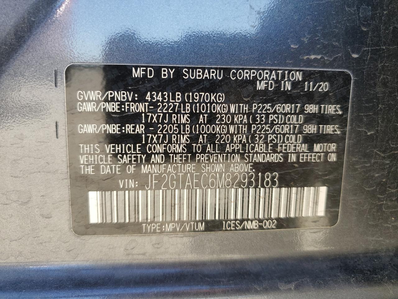 2021 Subaru XV VIN JF2GTAEC6M8293183 Copart auction photo, front end damage thumbnail 13