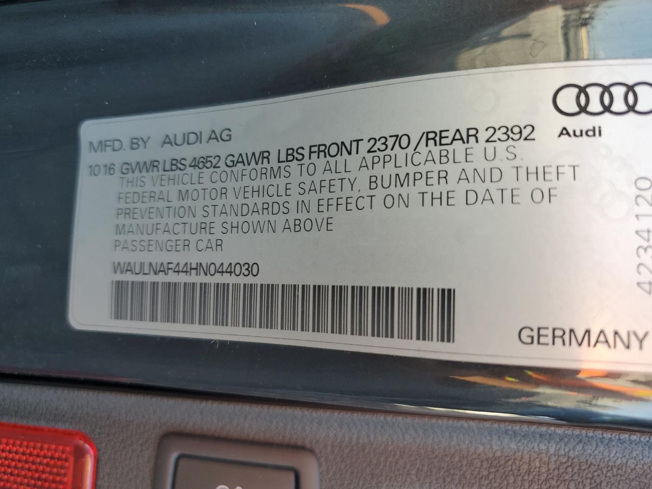 2017 Audi A4 VIN WAULNAF44HN044030 Copart auction photo, front end damage thumbnail 15