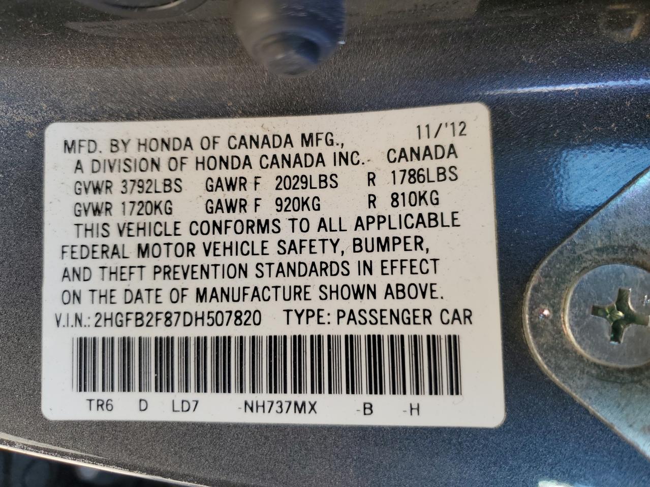 2013 Honda Civic VIN 2HGFB2F87DH507820 Copart auction photo, side / minor dent/scratches damage thumbnail 12