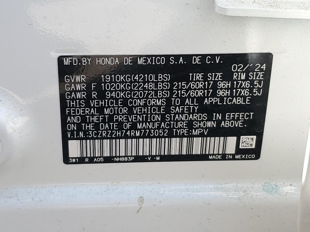 2024 Honda HR-V VIN 3CZRZ2H74RM773052 Copart auction photo, burn - interior / minor dent/scratches damage thumbnail 13