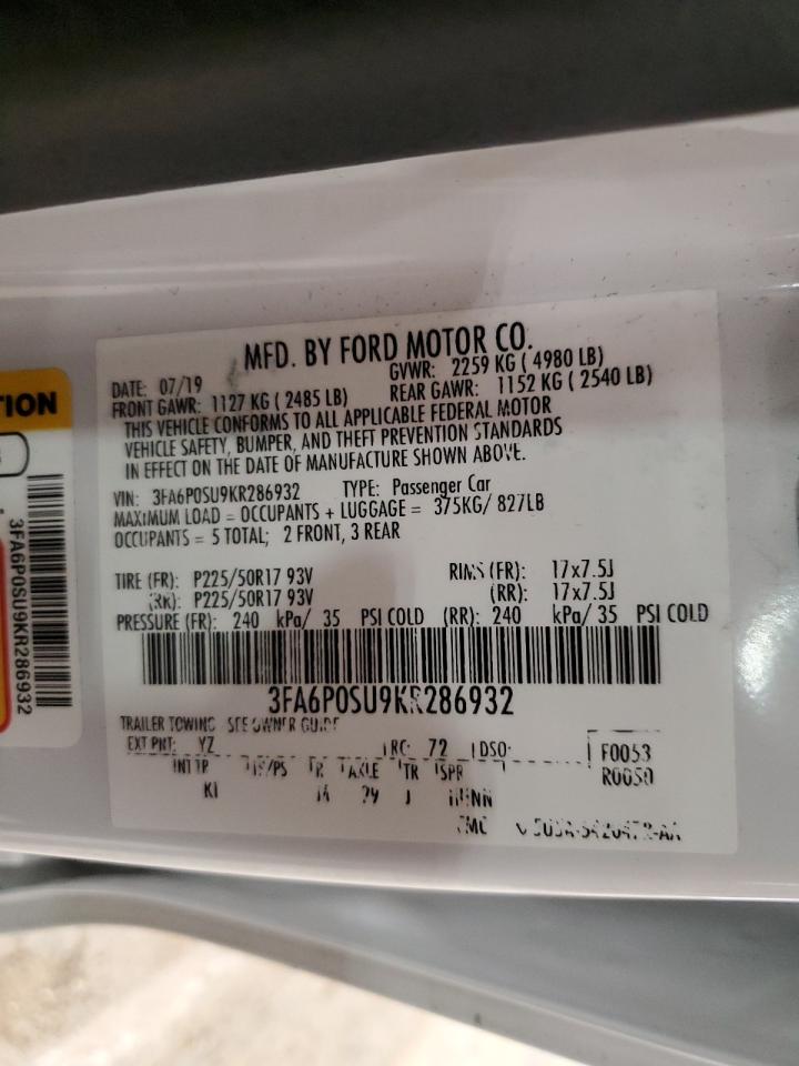 2019 Ford Fusion VIN 3FA6P0SU9KR286932 Copart auction photo, front end damage thumbnail 12