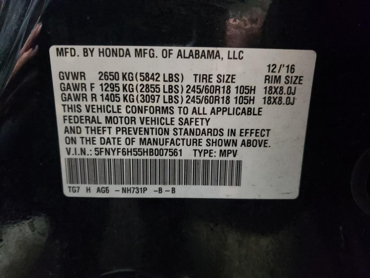 2017 Honda Pilot VIN 5FNYF6H55HB007561 Copart auction photo, all over damage thumbnail 14
