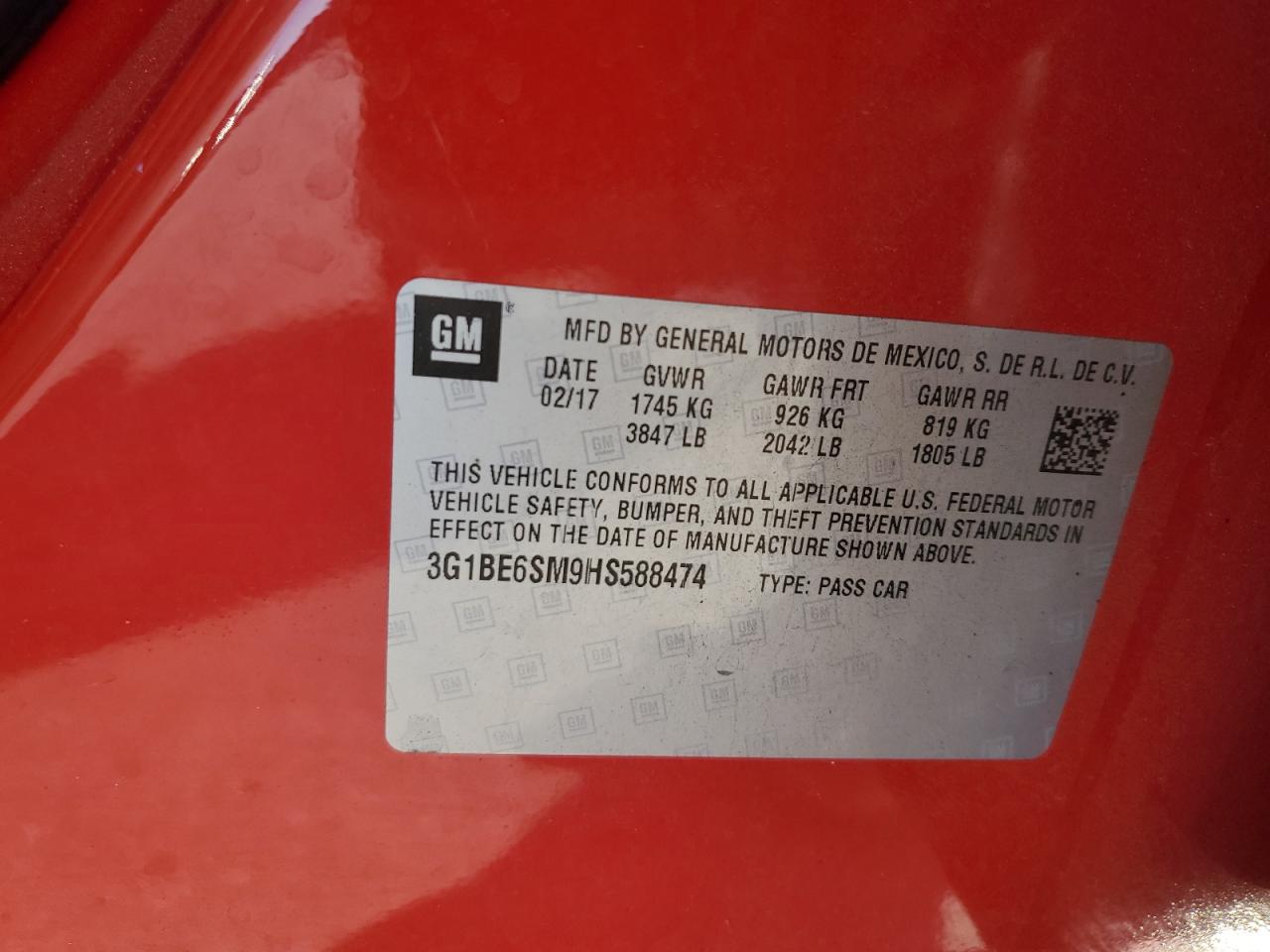 2017 Chevrolet Cruze VIN 3G1BE6SM9HS588474 Copart auction photo, rear end damage thumbnail 14