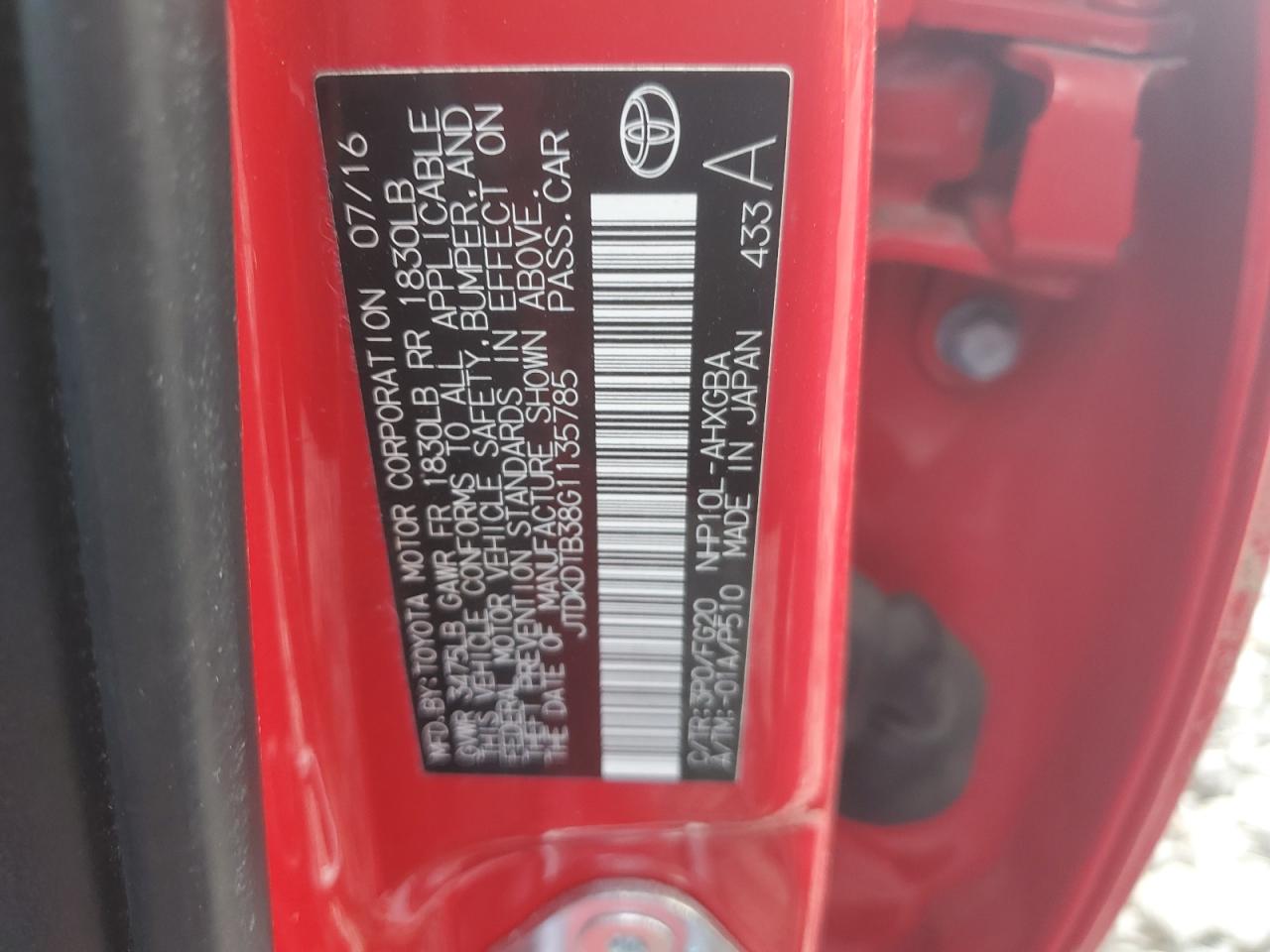 2016 Toyota Prius VIN JTDKDTB38G1135785 Copart auction photo, rollover damage thumbnail 14