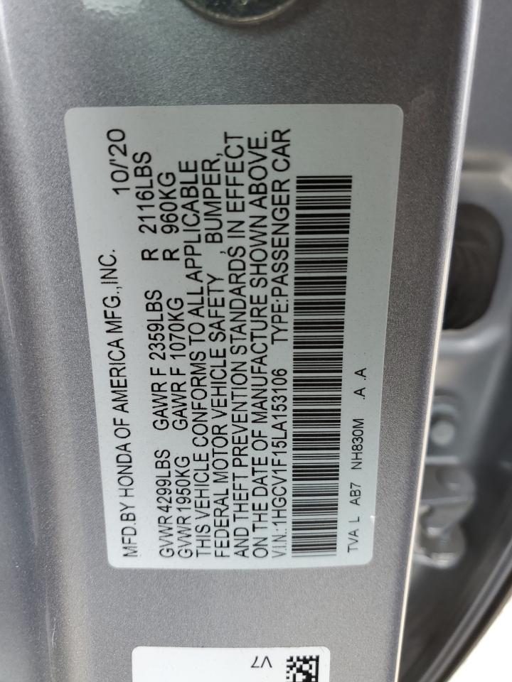 2020 Honda Accord VIN 1HGCV1F15LA153106 Copart auction photo, rear end / minor dent/scratches damage thumbnail 12