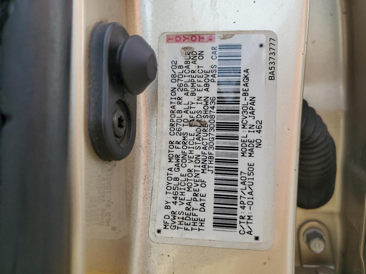 2003 Lexus ES VIN JTHBF30G730087436 Copart auction photo, front end damage thumbnail 15