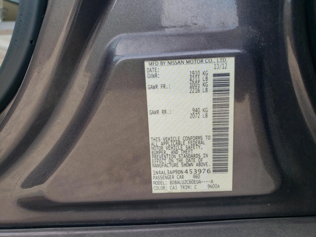 2013 Nissan Altima VIN 1N4AL3AP9DN453976 Copart auction photo, rear end / minor dent/scratches damage thumbnail 12