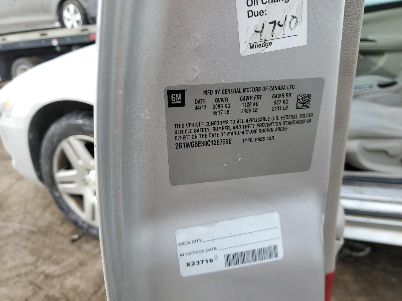 2012 Chevrolet Impala VIN 2G1WG5E30C1287590 Copart auction photo, front end / side damage thumbnail 14