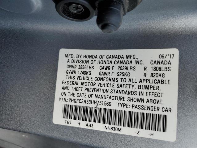 2017 Honda Civic VIN 2HGFC3A53HH751566 Copart auction photo, front end damage thumbnail 12