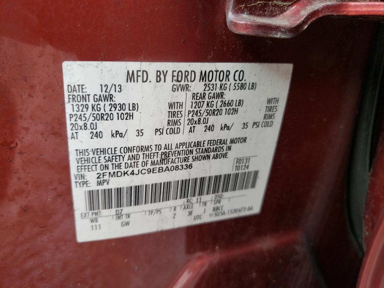 2014 Ford Edge VIN 2FMDK4JC9EBA08336 Copart auction photo, front end / minor dent/scratches damage thumbnail 13