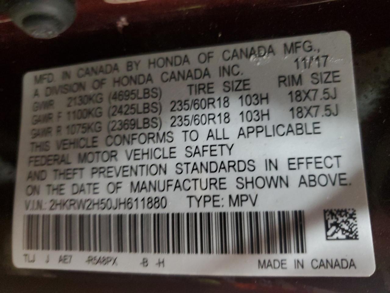 2018 Honda CR-V VIN 2HKRW2H50JH611880 Copart auction photo, side damage thumbnail 13