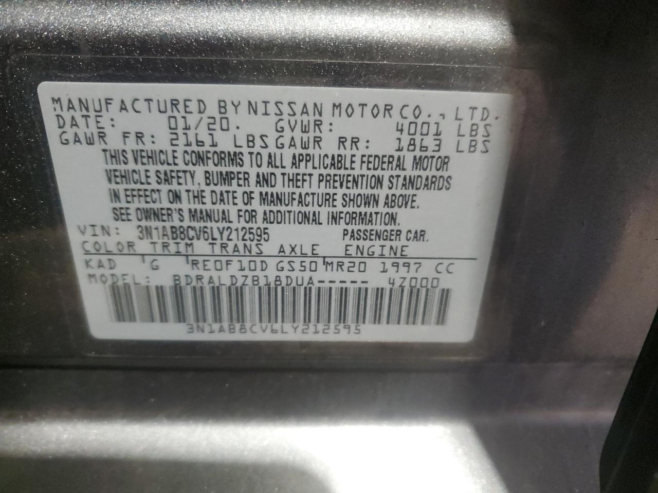 2020 Nissan Sentra VIN 3N1AB8CV6LY212595 Copart auction photo, rear end damage thumbnail 13