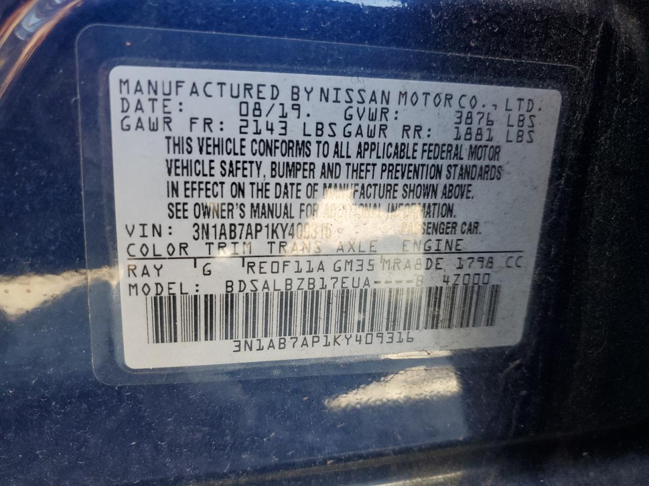 2019 Nissan Sentra VIN 3N1AB7AP1KY409316 Copart auction photo, front end damage thumbnail 14