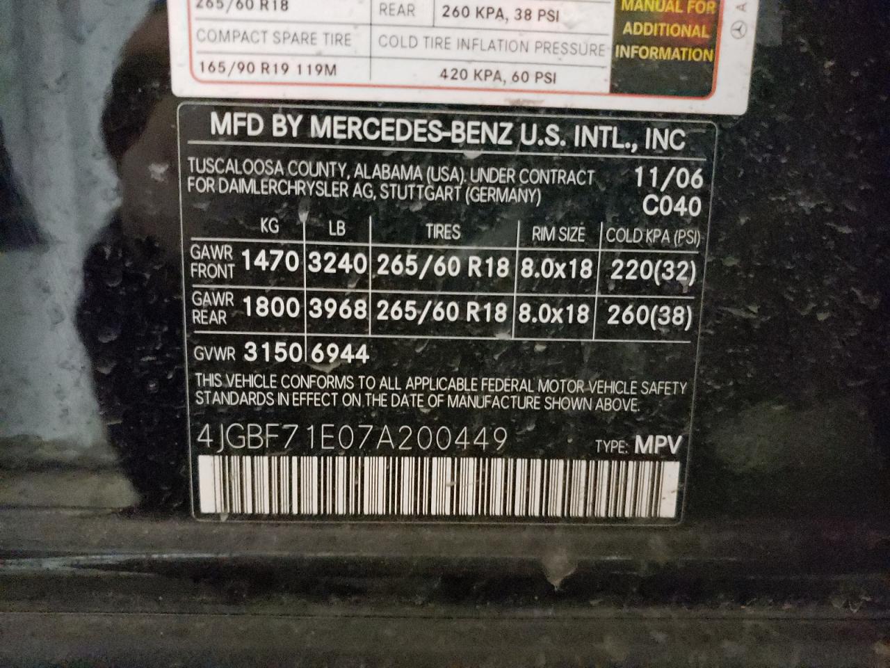 2007 Mercedes-Benz GL-klasse VIN 4JGBF71E07A200449 Copart auction photo, top/roof damage thumbnail 13