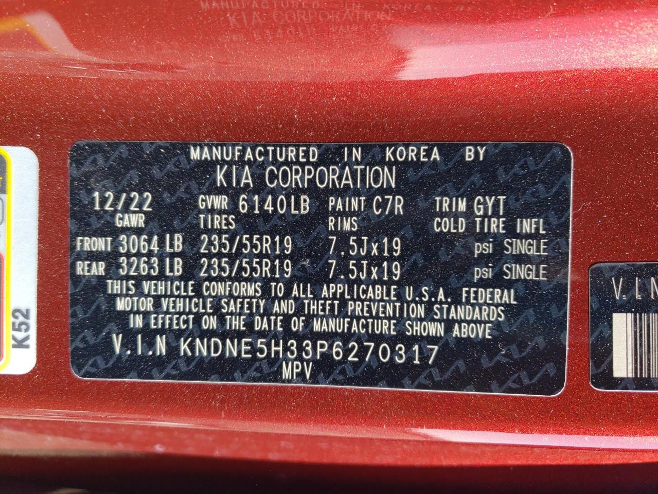 2023 KIA Carnival VIN KNDNE5H33P6270317 Copart auction photo, front end damage thumbnail 14