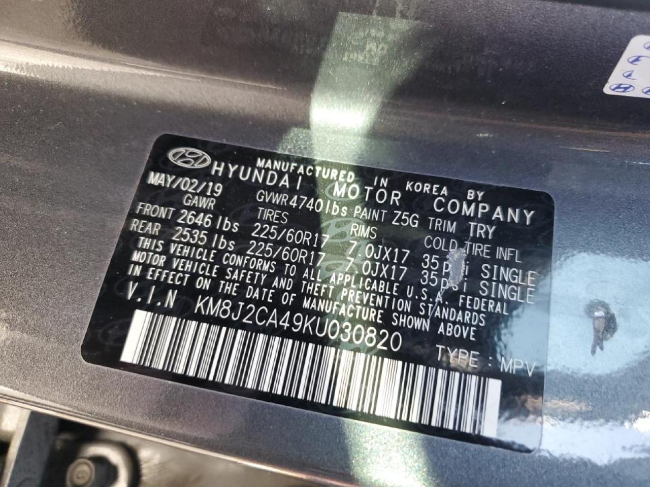 2019 Hyundai Tucson VIN KM8J2CA49KU030820 Copart auction photo, front end / side damage thumbnail 15
