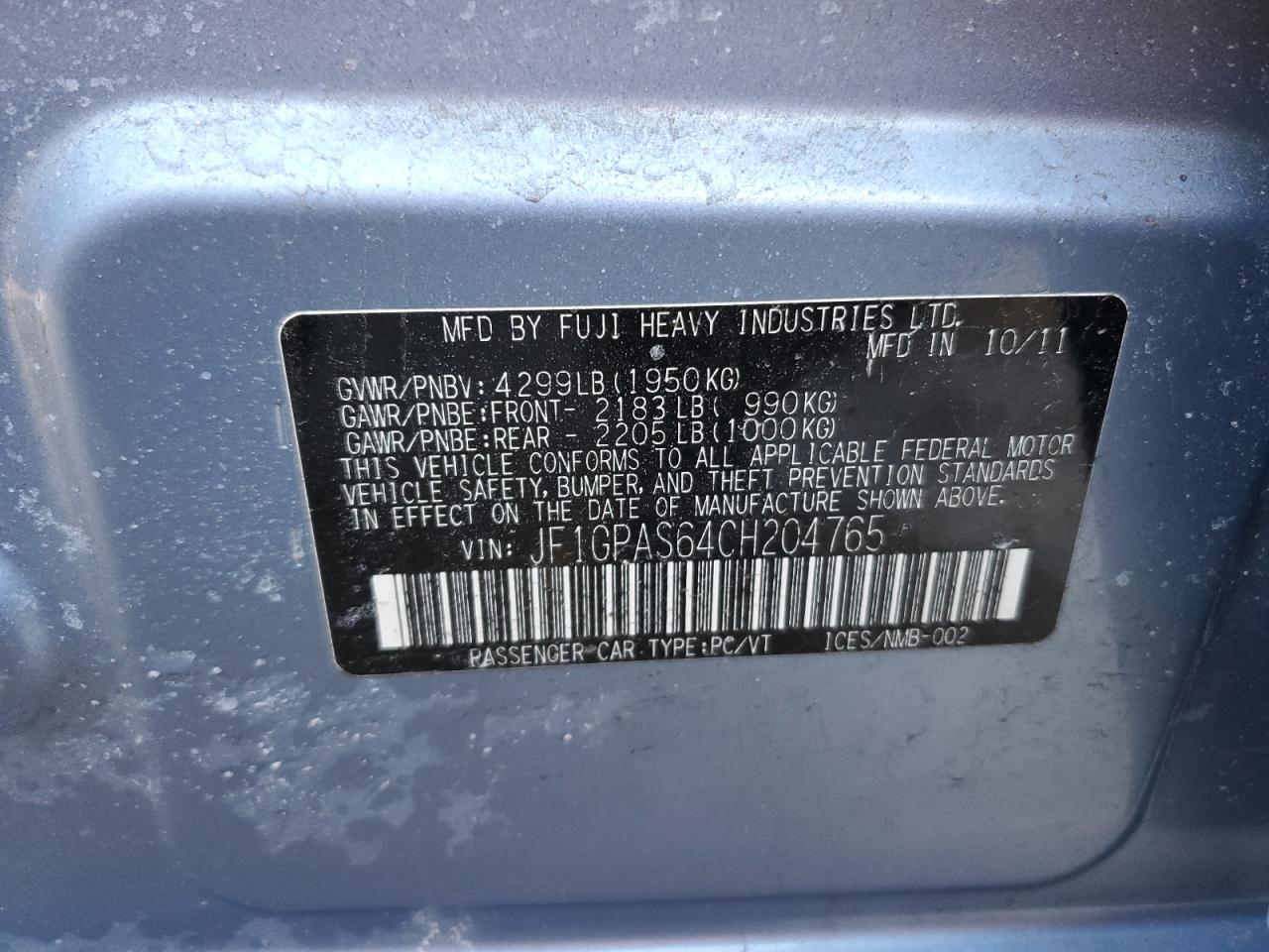 2012 Subaru Impreza VIN JF1GPAS64CH204765 Copart auction photo, front end damage thumbnail 14