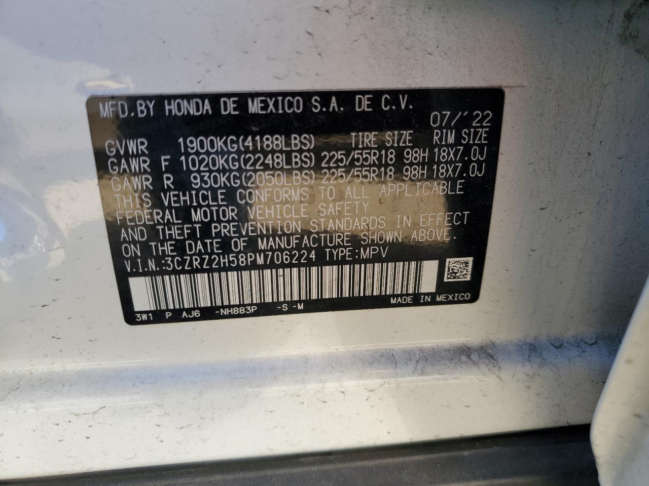 2023 Honda HR-V VIN 3CZRZ2H58PM706224 Copart auction photo, rear end / undercarriage damage thumbnail 14