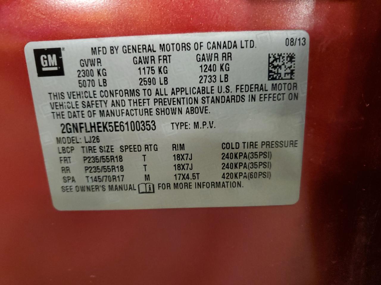 2014 Chevrolet Equinox VIN 2GNFLHEK5E6100353 Copart auction photo, all over damage thumbnail 16