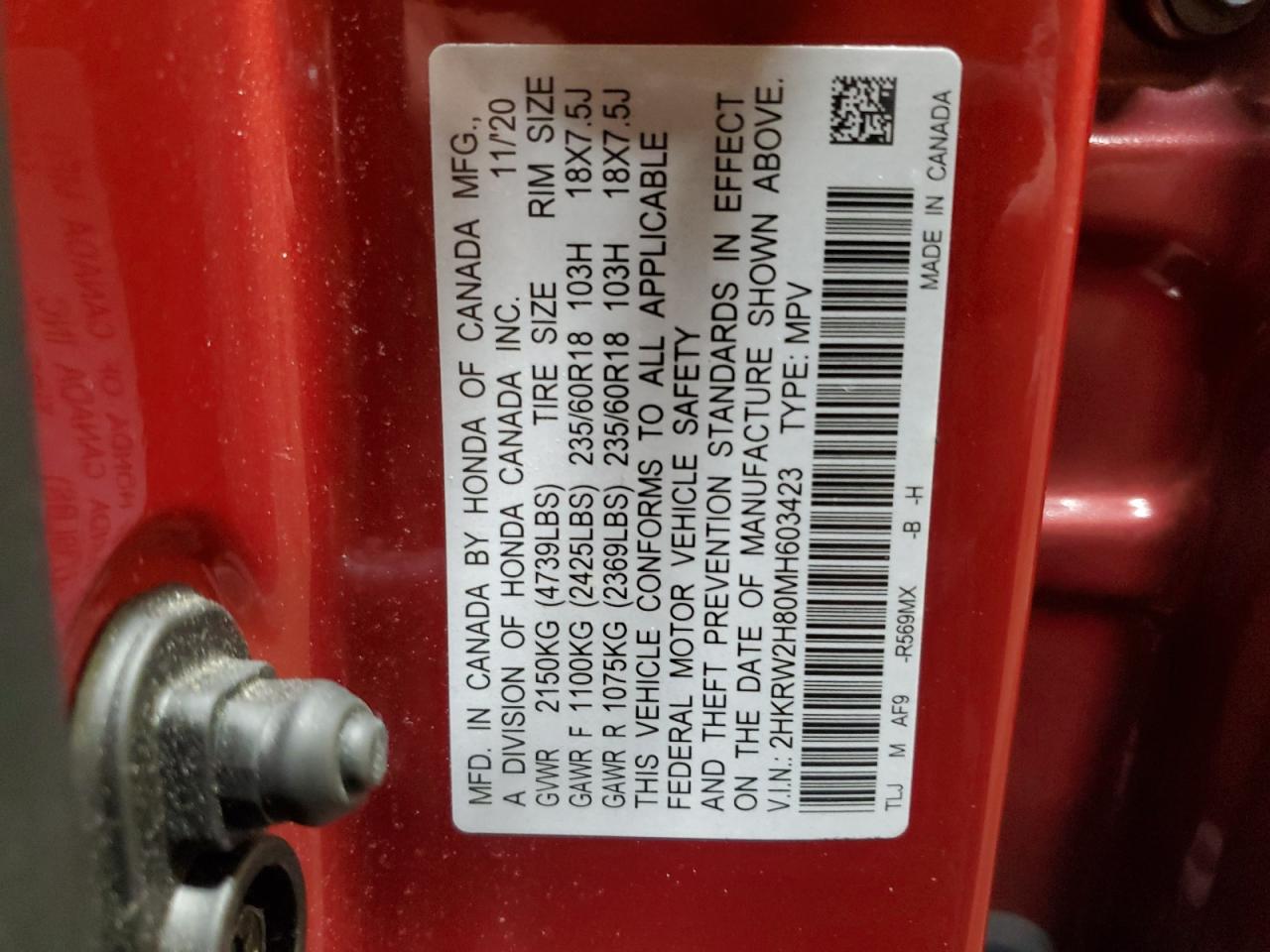 2021 Honda CR-V VIN 2HKRW2H80MH603423 Copart auction photo, rear end damage thumbnail 13