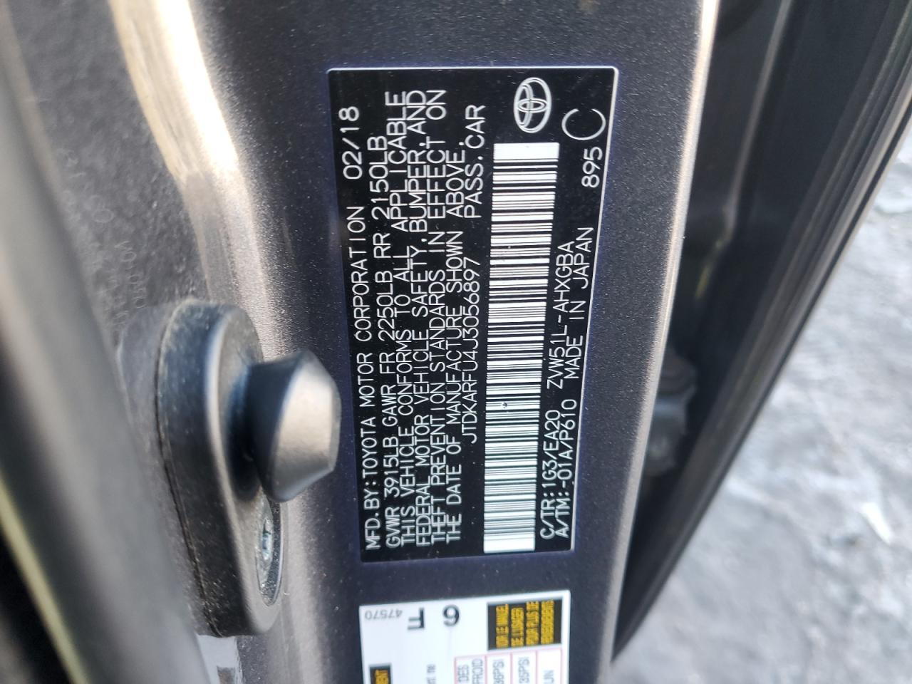 2018 Toyota Prius VIN JTDKARFU4J3056897 Copart auction photo, rear end damage thumbnail 13