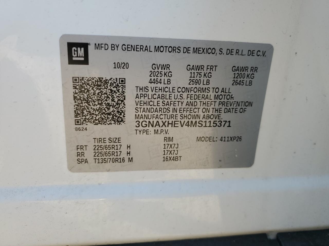 2021 Chevrolet Equinox VIN 3GNAXHEV4MS115371 Copart auction photo, front end / rear end damage thumbnail 15