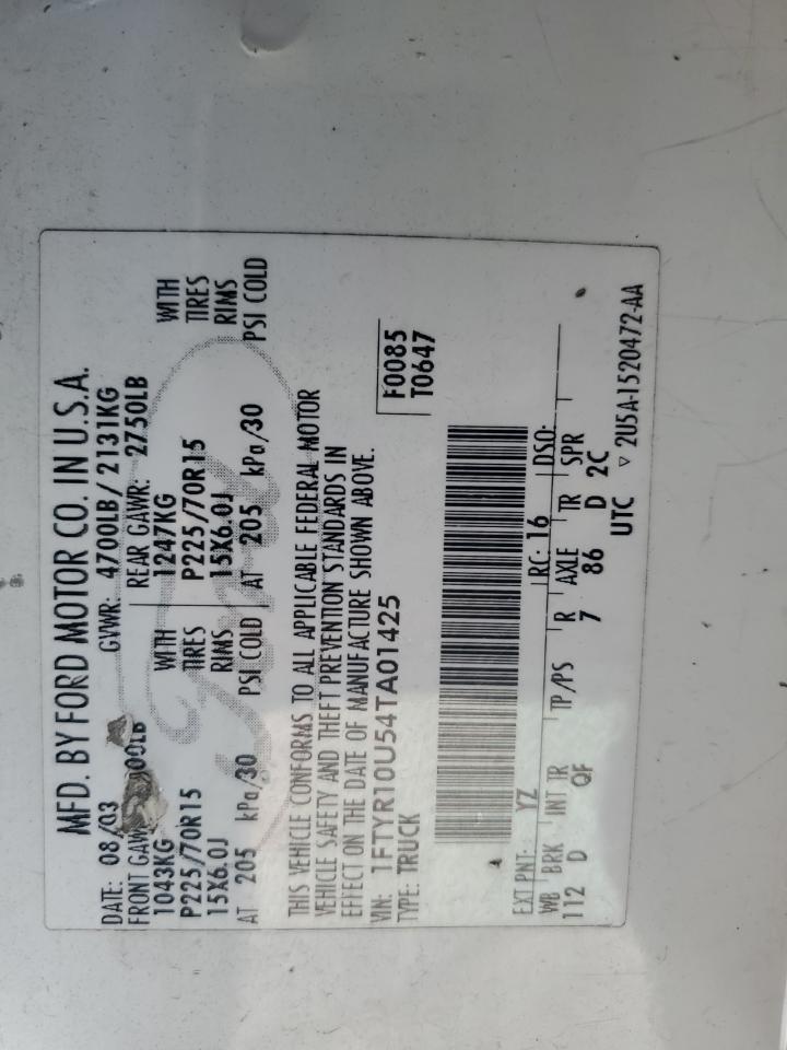 2004 Ford Ranger VIN 1FTYR10U54TA01425 Copart auction photo, minor dent/scratches damage thumbnail 12