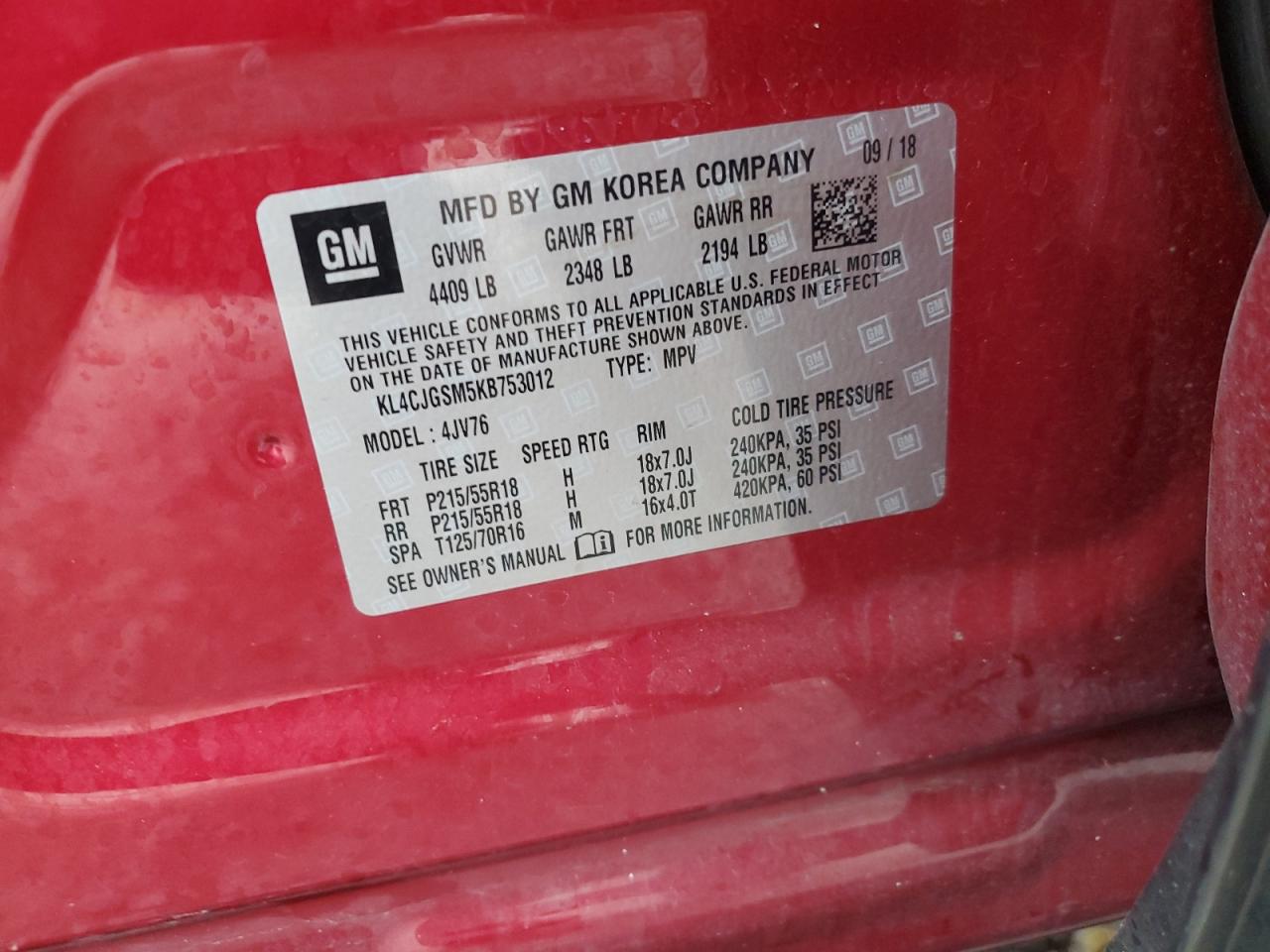 2019 Buick Encore VIN KL4CJGSM5KB753012 Copart auction photo, front end damage thumbnail 13