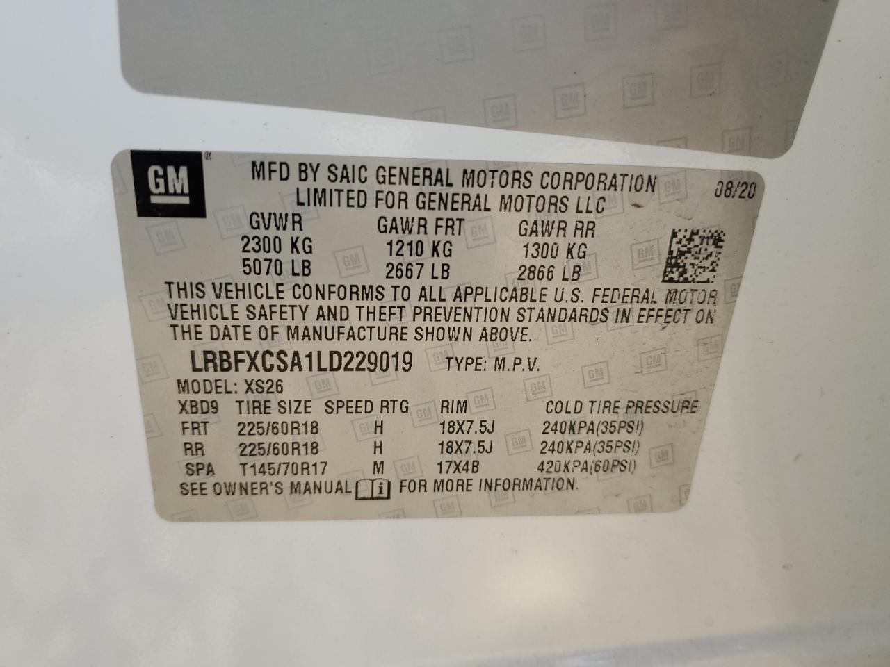 2020 Buick Envision VIN LRBFXCSA1LD229019 Copart auction photo, front end damage thumbnail 15