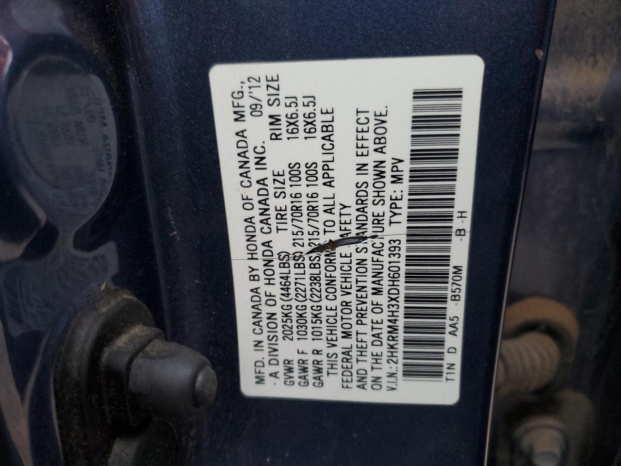2013 Honda CR-V VIN 2HKRM4H3XDH601393 Copart auction photo, front end / minor dent/scratches damage thumbnail 15