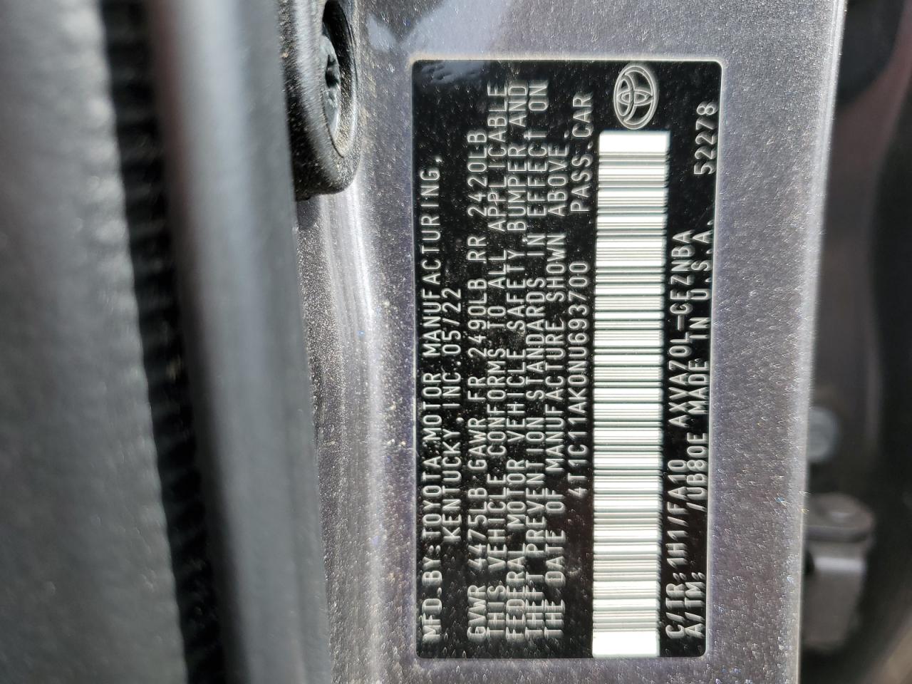 2022 Toyota Camry VIN 4T1C11AK0NU693700 Copart auction photo, rear end / side damage thumbnail 13