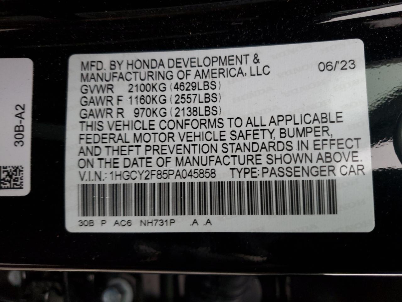 2023 Honda Accord VIN 1HGCY2F85PA045858 Copart auction photo, front end / minor dent/scratches damage thumbnail 13
