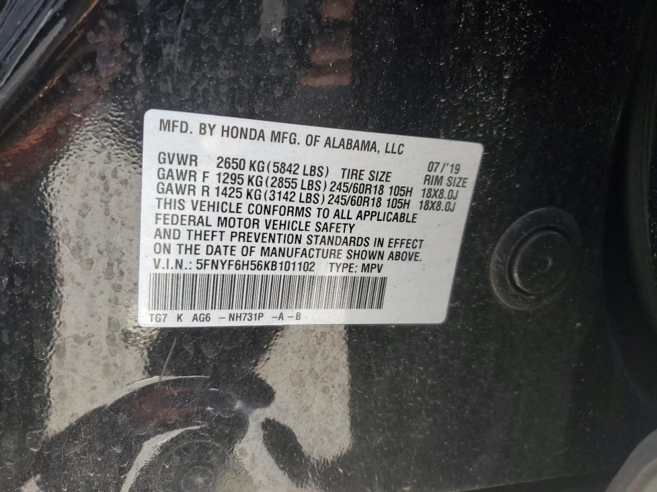 2019 Honda Pilot VIN 5FNYF6H56KB101102 Copart auction photo, front end damage thumbnail 13